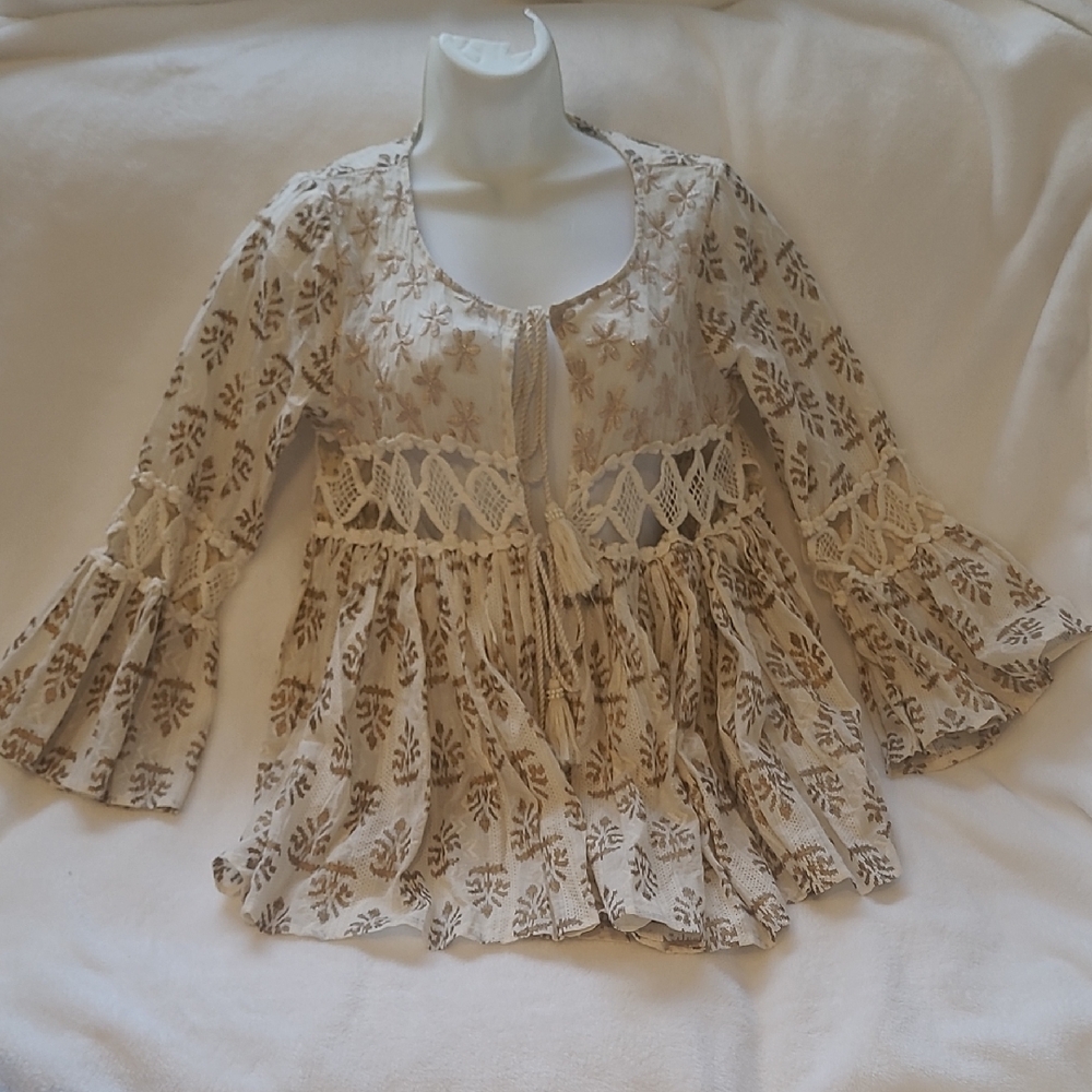 Gold and Beige Women's Top Or Bathing Suit Cover, Crochet Detail, Beach Wear